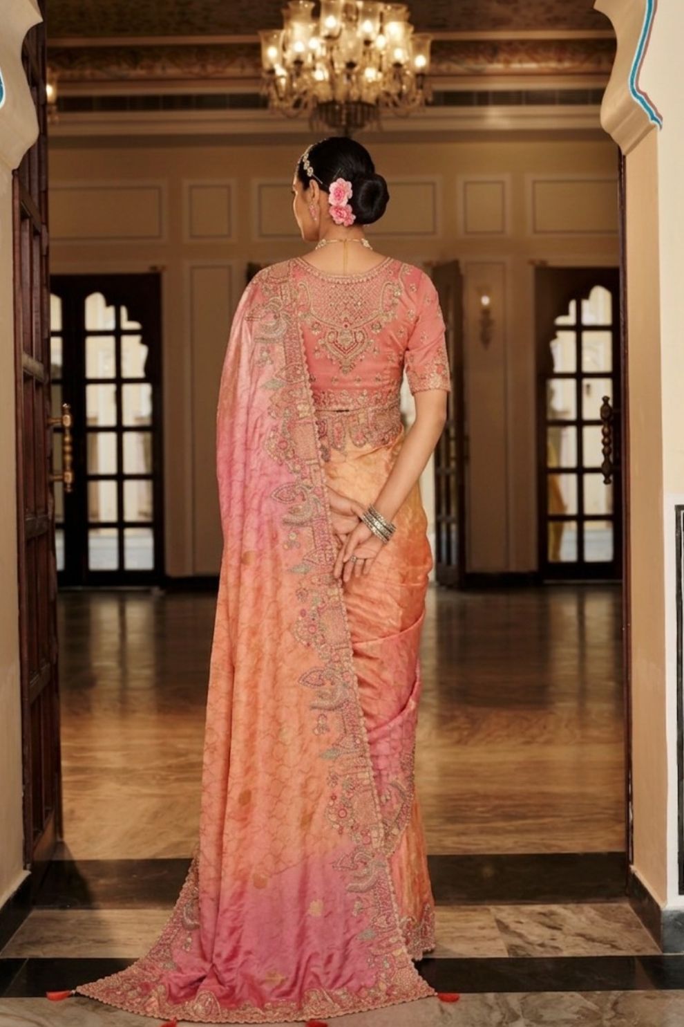 Peach Pink Coral Shaded Silk Blend Saree Elegant Festive Party Wear