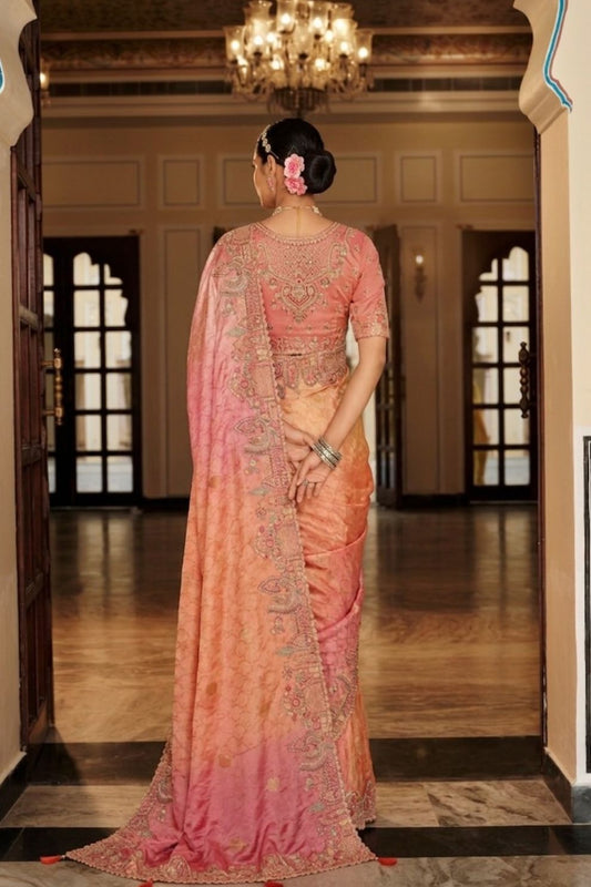 Peach Pink Coral Shaded Silk Blend Saree Elegant Festive Party Wear