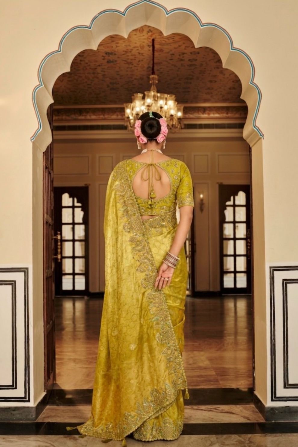 Mustard Yellow Pastel Green Tissue Satin Saree with Embroidery Handwork