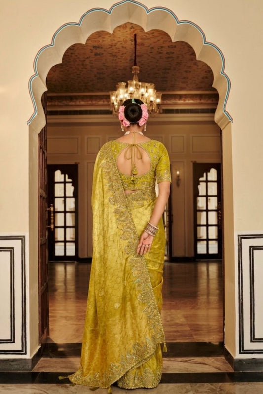 Mustard Yellow Pastel Green Tissue Satin Saree with Embroidery Handwork
