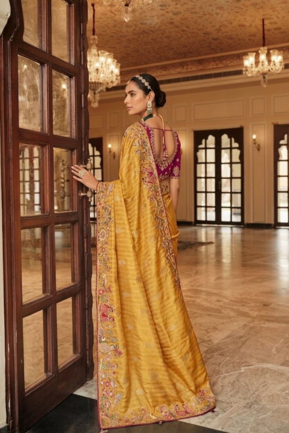 Mustard Yellow Soft Silk Saree with Rani Pink Heavy Embroidered Blouse