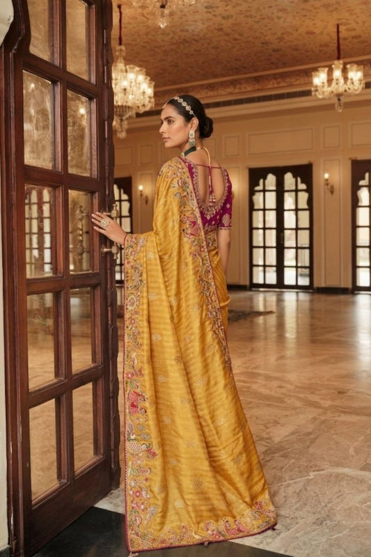 Mustard Yellow Soft Silk Saree with Rani Pink Heavy Embroidered Blouse