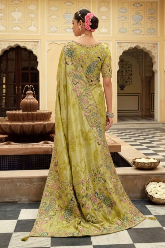 Pistachio Green Soft Silk Saree with Peacock Motif Handwork Elegant