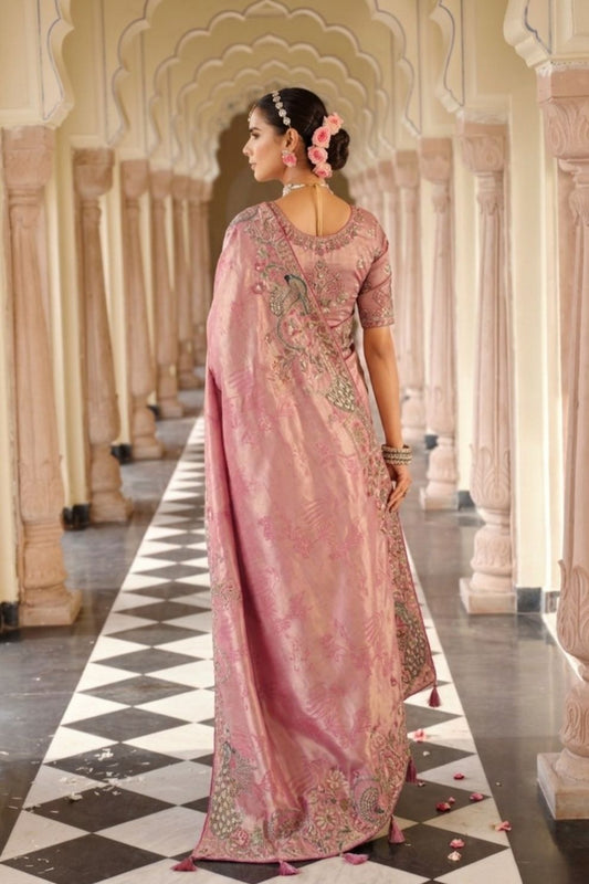 Dusty Rose Pink Silk Blend Designer Saree with Peacock Motif Embroidery
