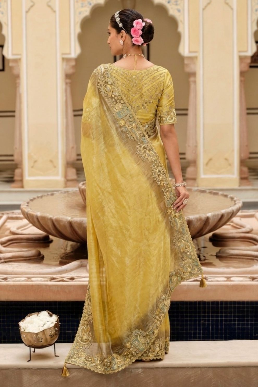 Golden Yellow Tissue Silk Saree with Intricate Embroidered Border