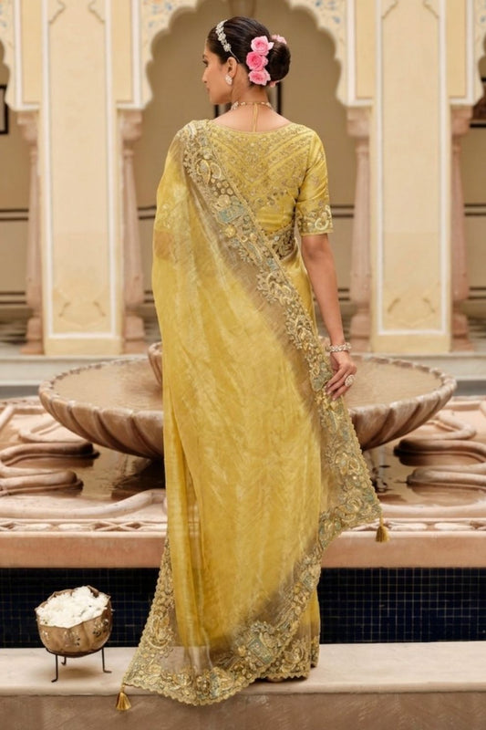 Golden Yellow Tissue Silk Saree with Intricate Embroidered Border