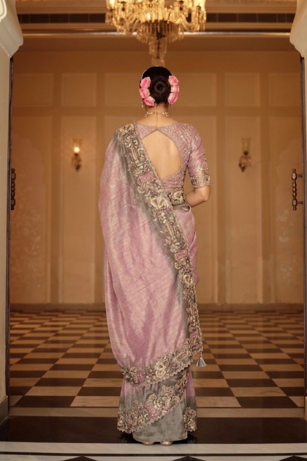 Dusty Rose Pink Sage Green Shaded Silk Saree Elegant Festive Party Wear