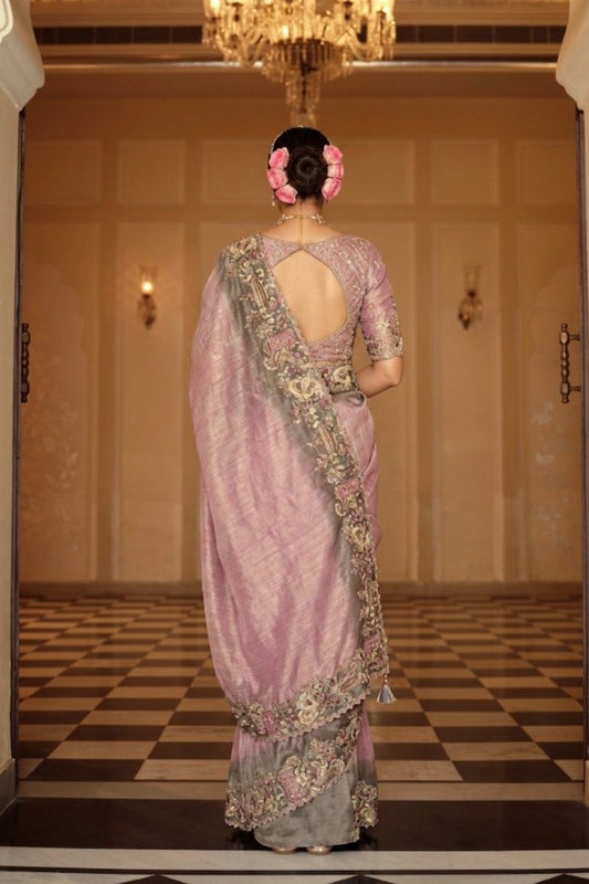 Dusty Rose Pink Sage Green Shaded Silk Saree Elegant Festive Party Wear