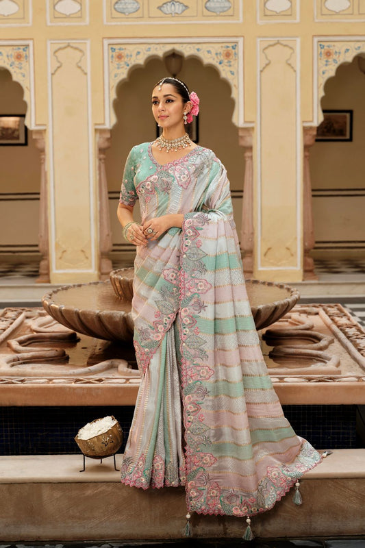 Multicolor Embroidered Jacquard Viscose Silk Saree Elegant Festive Wear