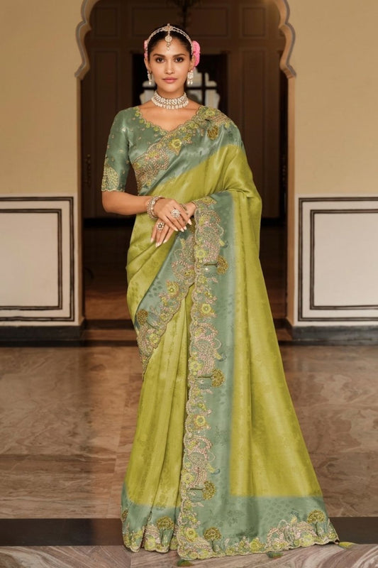 Olive Green Dusty Blue Designer Soft Silk Saree Elegant Festive Wear