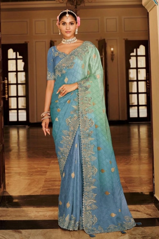Dusty Blue Designer Soft Silk Saree Elegant Festive Party Wear Look