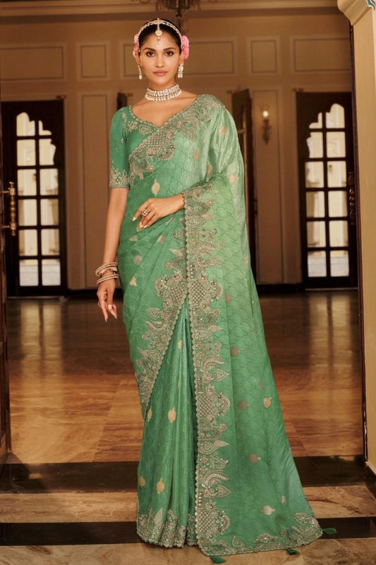 Mint Green Designer Soft Silk Saree Elegant Festive Party Wear Look