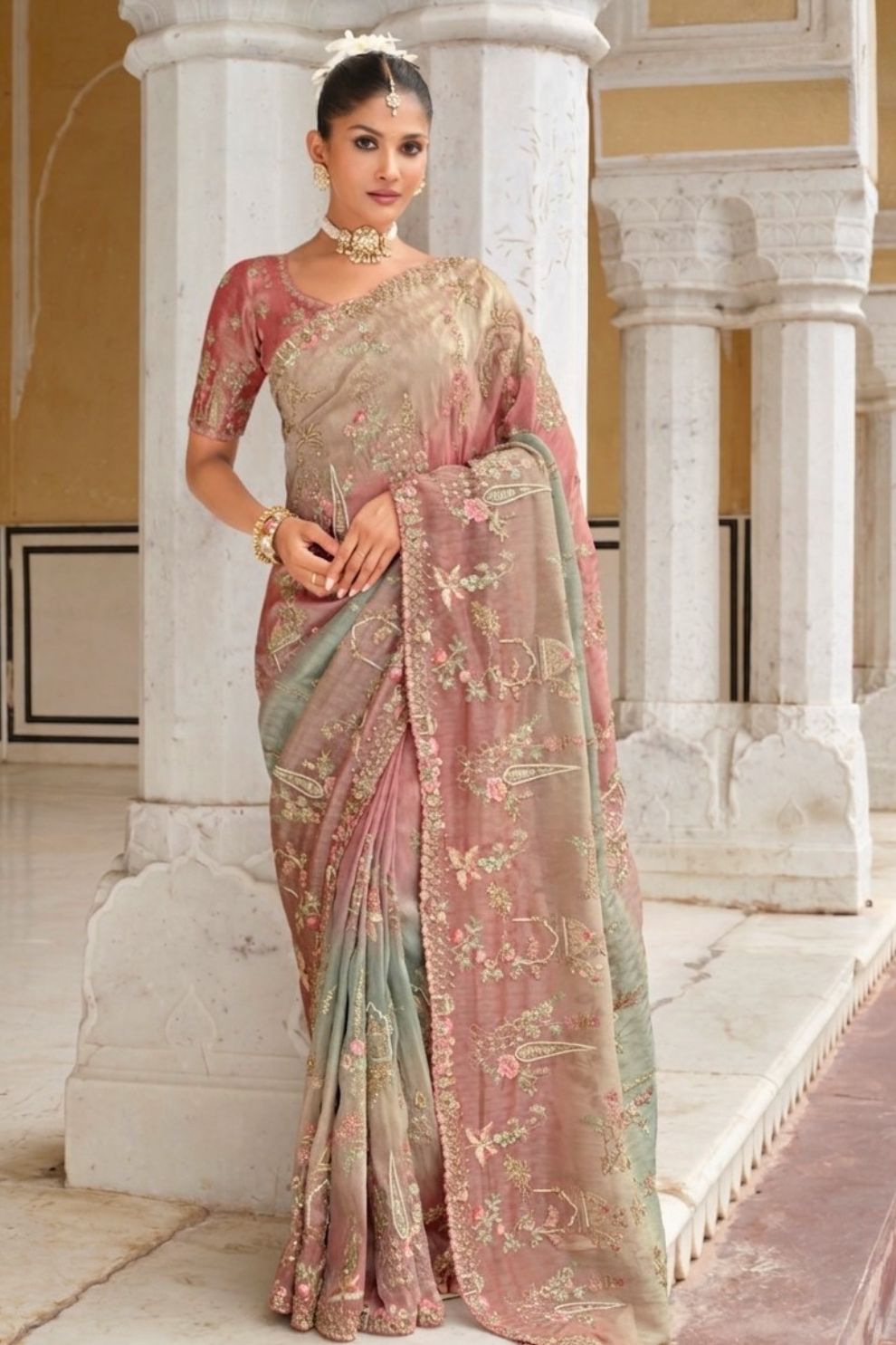 Multicolor Designer Embroidered Silk Saree Elegant Festive Party Wear