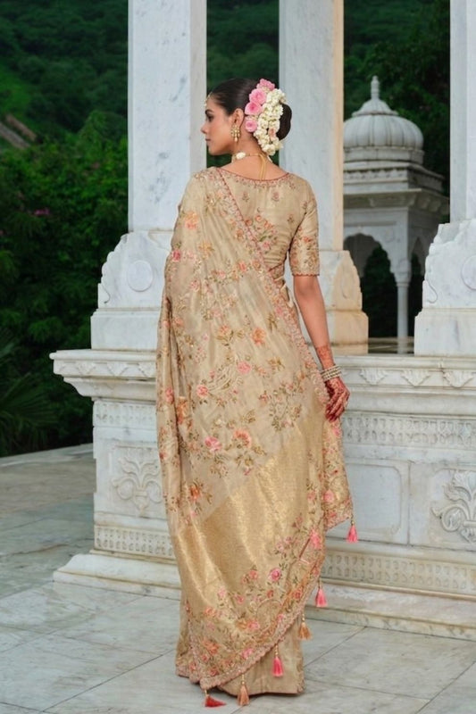 Golden Beige Tissue Zari Saree with Floral Resham Khatli Work Elegant