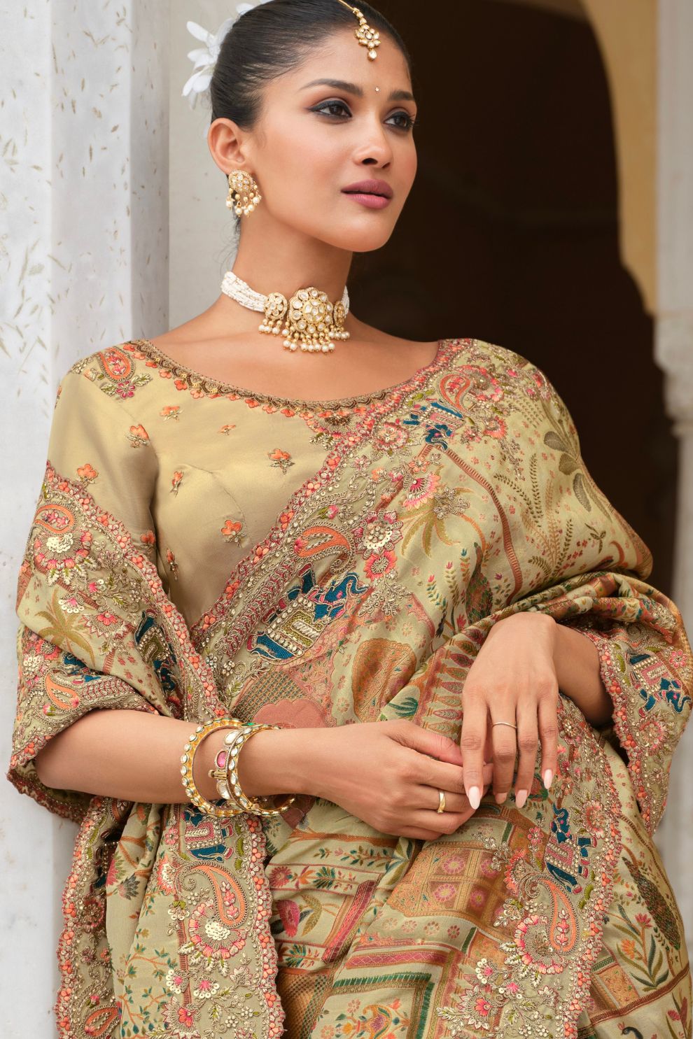 Beige Heritage Motif Designer Saree Elegant Festive Wedding Party Wear