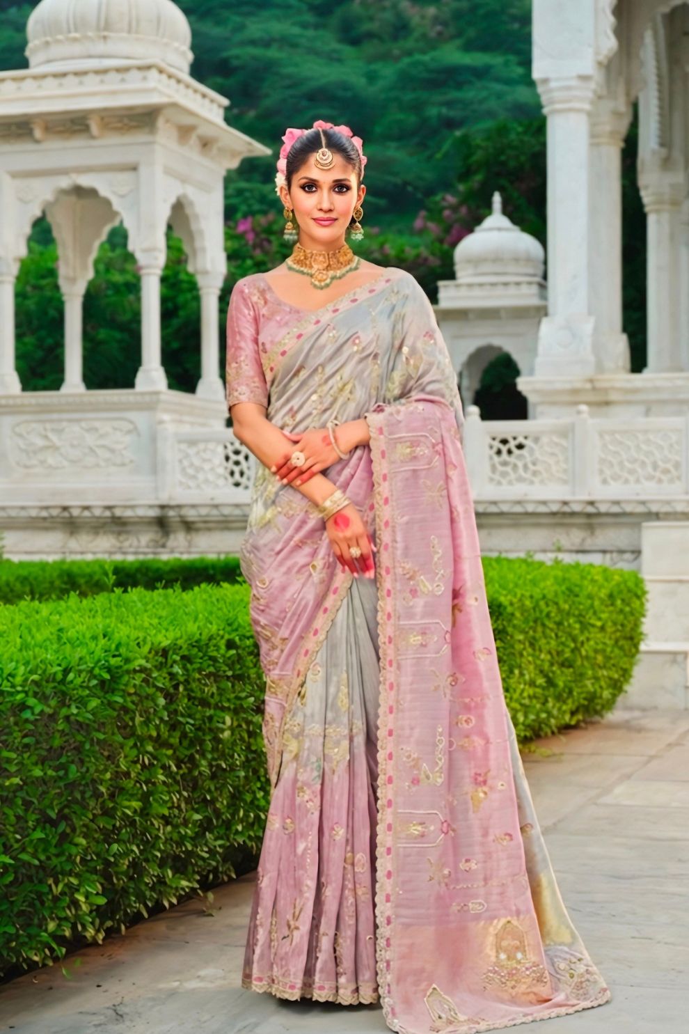 Lavender Grey Shaded Silk Saree with Khatli Resham Embroidery Elegant