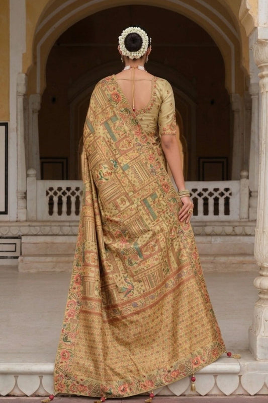 Beige Multi Color Heritage Motif Silk Saree Elegant Festive Wear Look