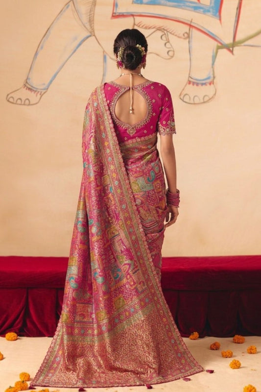 Rani Pink Dola Silk Saree with Zari Embroidery Madhubani Motifs Elegant