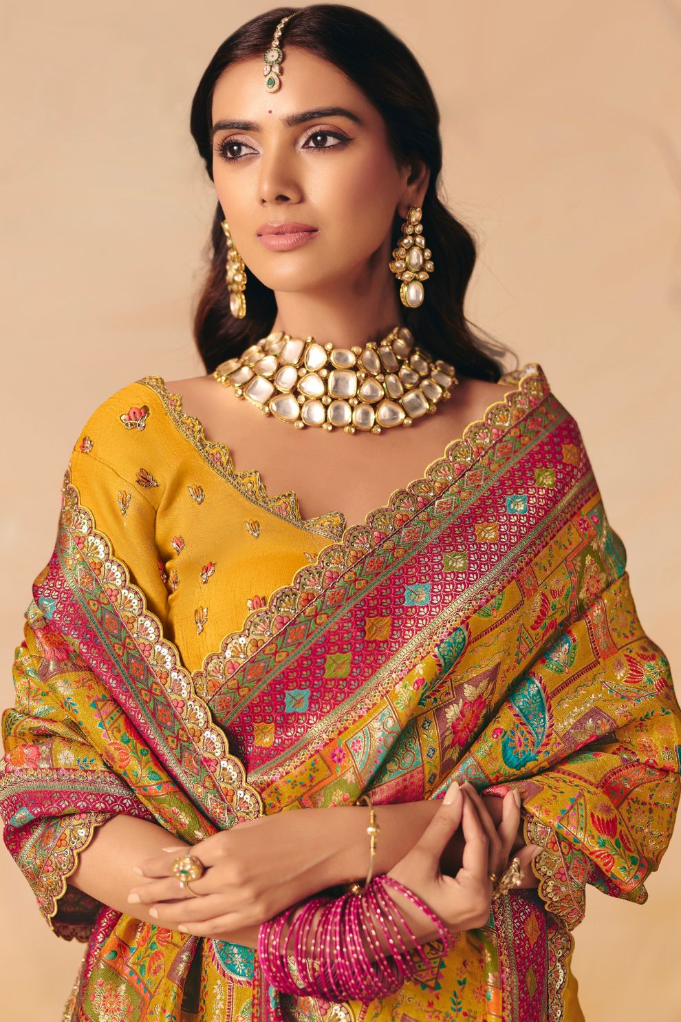 Mustard Yellow Dola Silk Saree with Zari Embroidery Madhubani Prints