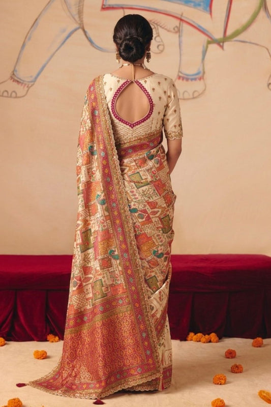 Ivory Dola Silk Saree with Madhubani Prints Heavy Zari Embroidery Elegant