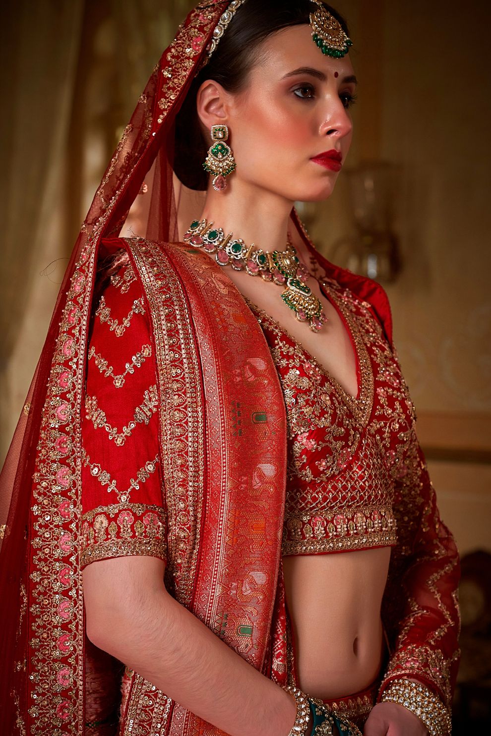 Crimson Red Silk Bridal Lehenga Vertical Zari Striper Work Elegant