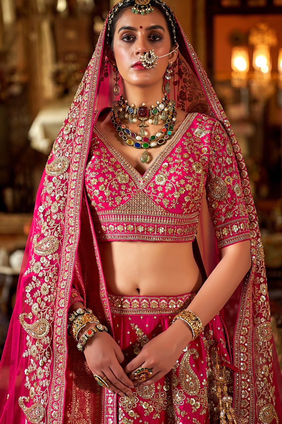 Rosewood Pink Silk Bridal Lehenga Golden Paisley Zardozi Embroidery