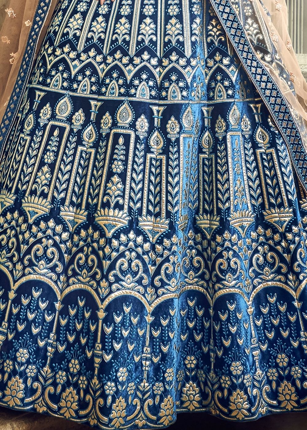 Azure Blue Velvet Lehenga Choli with Thread, Zari and Pure Gota work (Pre-Order)