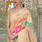 Beige Brown Floral Embroidered Linen Silk Saree