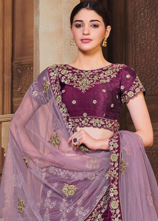 Wine Purple Silk Lehenga Choli with Sequins & Resham Embroidery