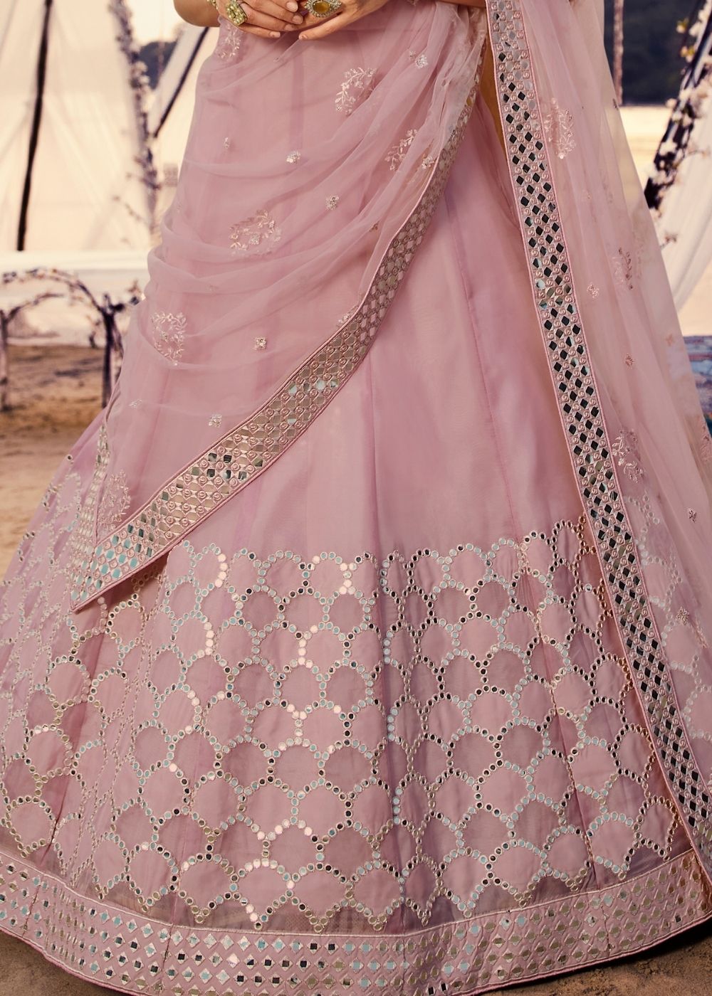 Taffy Pink Organza Lehenga Choli with Thread, Foli and Mirror work: Top Pick