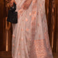 White & Brown Copper Zari Woven Linen Silk Saree