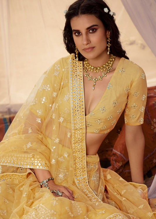Canary Yellow Organza Lehenga Choli with Thread, Foli and Mirror work (Pre-Order)