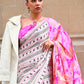 White & Pink Designer Satin Crepe Printed Saree