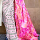 White & Pink Designer Satin Crepe Printed Saree