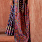 Navy Blue Banarasi Kora Silk Saree with Pashmina Weaving & Zari Border Pallu