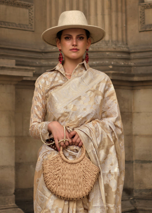 Beige Brown Zari Handloom Woven Organza Silk Saree