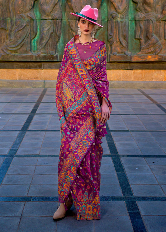 Dark Purple Jamawar Woven Organza Silk Saree