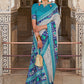 White & Blue Patola Printed Soft Cotton Silk Saree with Zari Border