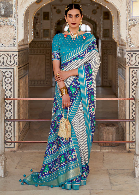 White & Blue Patola Printed Soft Cotton Silk Saree with Zari Border