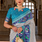 White & Blue Patola Printed Soft Cotton Silk Saree with Zari Border