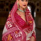 White & Pink Patola Printed Soft Cotton Silk Saree with Zari Border