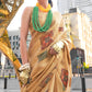 Beige Brown Printed Handloom Zari Tissue Saree
