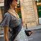 Black & White Contemporary Printed Satin Crepe Saree