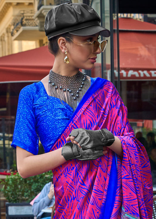 Deep Pink Contemporary Printed Satin Crepe Saree
