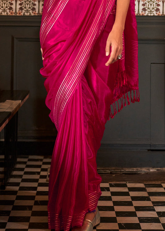 Wild Berry Pink Handloom Woven Viscose Satin Saree with Contrast Blouse