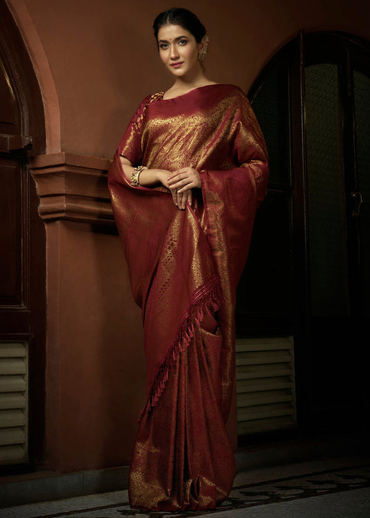 Maroon Red & Golden Blend Woven Kanjivaram Silk Saree