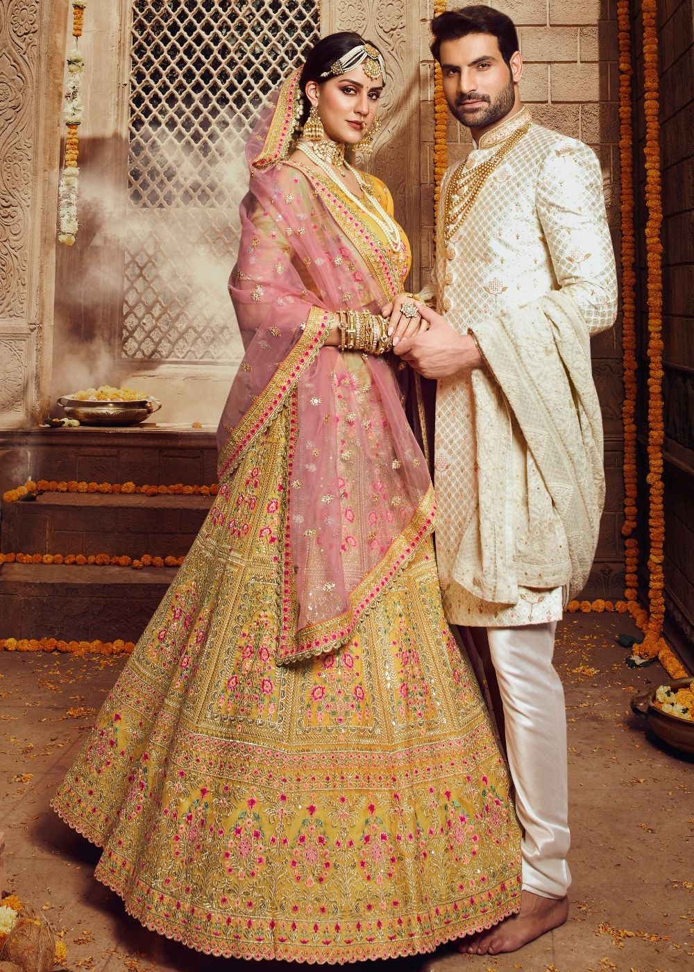 Yellow Organza Bridal Lehenga Choli with Thread, Zari and Stone work (Pre-Order)