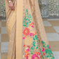 Beige Brown Floral Embroidered Linen Silk Saree