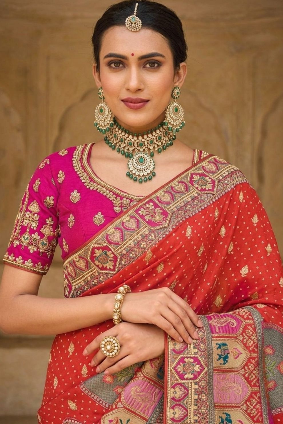Imperial Red Designer Dola Silk Saree with Embroidered Weaving Border