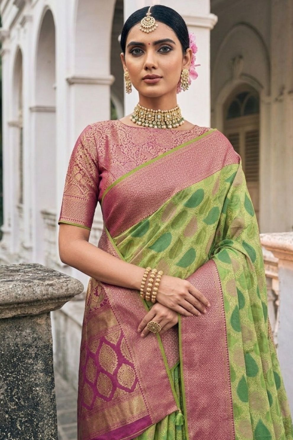 Bright Green Organza Woven Saree with Blouse Piece Elegant